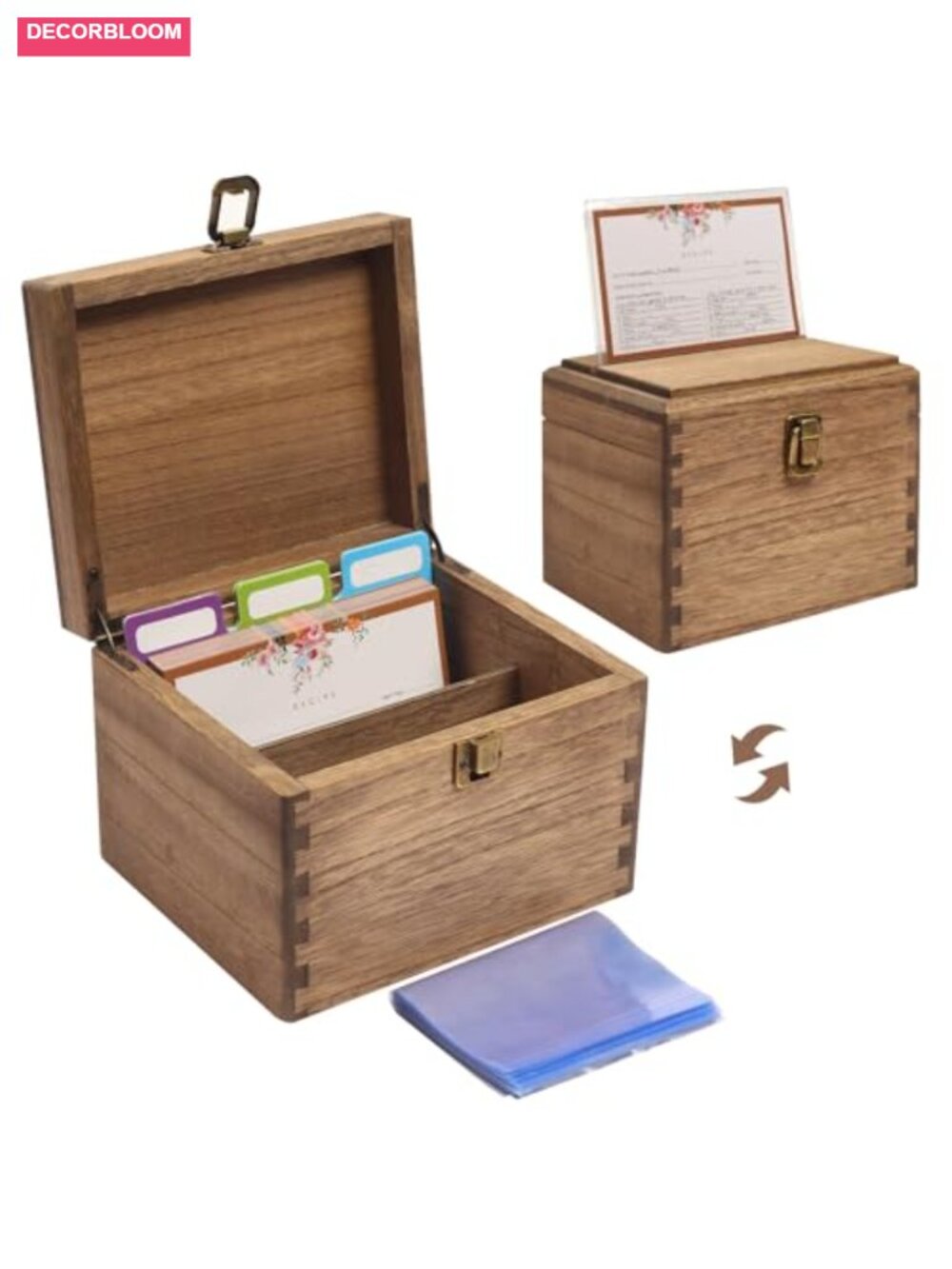Wooden Recipe Box with 100 Cards, Dividers, Acrylic Shield - Picture 3 of 6
